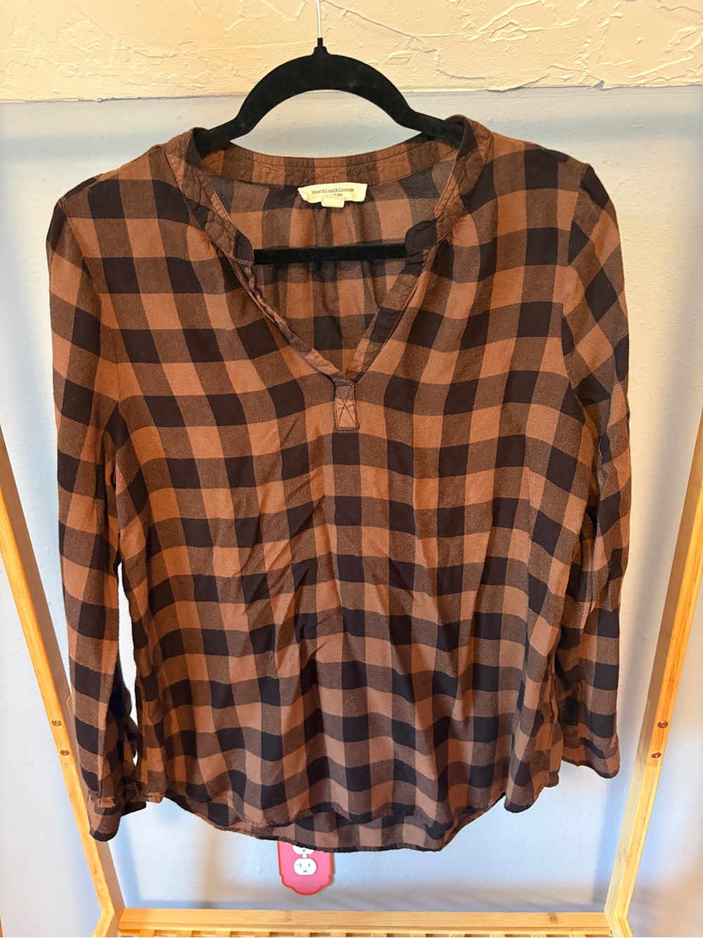 beachlunchlounge Brown and Black Plaid V-Neck Blouse